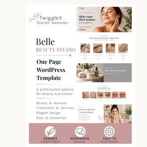 May include: A digital one-page WordPress website template for Belle Beauty Studio by TwiggleX. The layout features sections for skincare services, treatment descriptions, client results, and contact information with a clean, professional aesthetic.