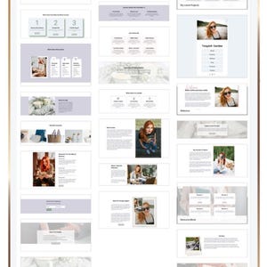 May include: A digital tablet displaying a website template layout with multiple sections, including image galleries, text blocks, and navigation menus. The design features a light color palette with white and soft purple accents, showcasing various page layouts.