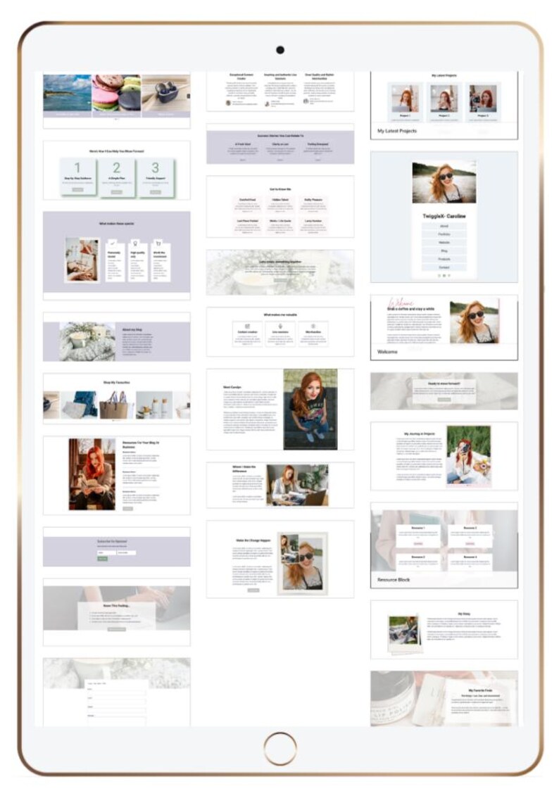 May include: A digital tablet displaying a website template layout with multiple sections, including image galleries, text blocks, and navigation menus. The design features a light color palette with white and soft purple accents, showcasing various page layouts.