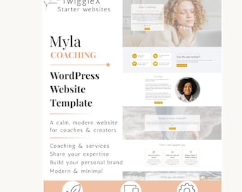 Puede incluir: Un gráfico de marketing digital para sitios web TwiggleX Starter que presenta una plantilla de sitio web de WordPress titulada Myla Coaching. El diseño incluye texto, una vista previa de un sitio web con una persona y tres iconos para las funciones Kadence compatible, responsive design y easy to customize.
