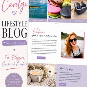 May include: A website template for a lifestyle blog titled Carolyn, featuring a navigation menu, image galleries of macarons and tech accessories, a welcome section with placeholder text, a portrait, and a blog description with a candle.