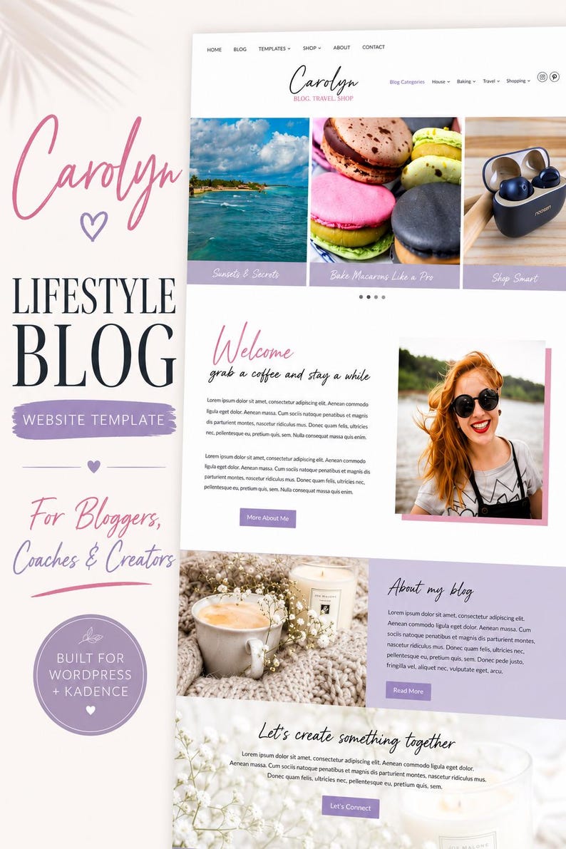 May include: A website template for a lifestyle blog titled Carolyn, featuring a navigation menu, image galleries of macarons and tech accessories, a welcome section with placeholder text, a portrait, and a blog description with a candle.