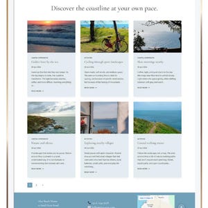 Puede incluir: Una tableta digital muestra un sitio web azul y blanco. El sitio web promociona experiencias costeras con im&aacute;genes de puestas de sol, ciclismo y rutas de senderismo. El texto dice: "Descubre la costa a tu propio ritmo."