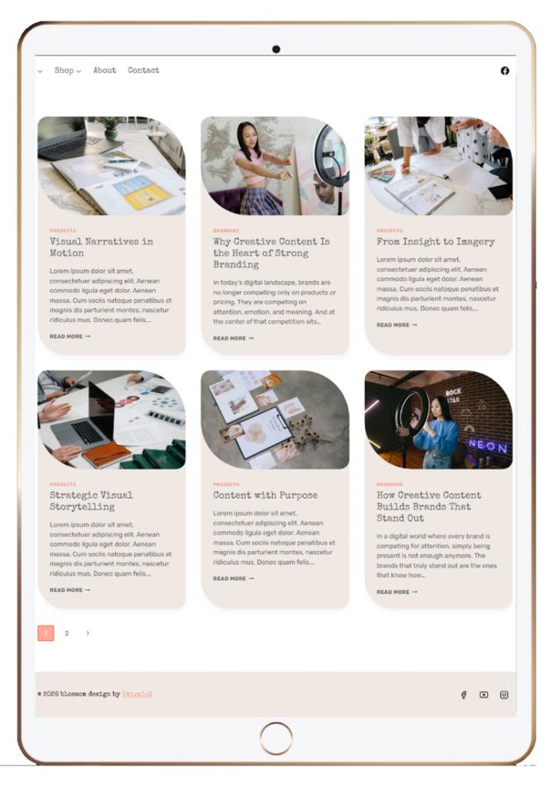 May include: A digital tablet displays a website with articles about branding and visual storytelling. The articles have titles like "Visual Narratives in Motion" and "How Creative Content Builds Brands That Stand Out."