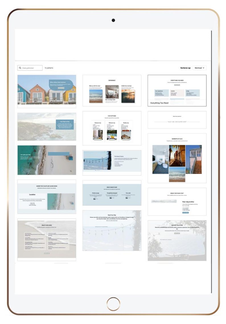 Puede incluir: Una tableta digital que muestra un dise&ntilde;o de sitio web con varias secciones. El dise&ntilde;o incluye im&aacute;genes de casas de playa, escenas de playa y secciones de texto con t&iacute;tulos como "Experiencias" y "Todo lo que necesitas."