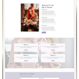 May include: A digital tablet displaying a website layout with a navigation bar, a header featuring the name Carolyn, and a blog section. The page includes a photograph of a person reading, text blocks labeled Resources, and a subscription form.