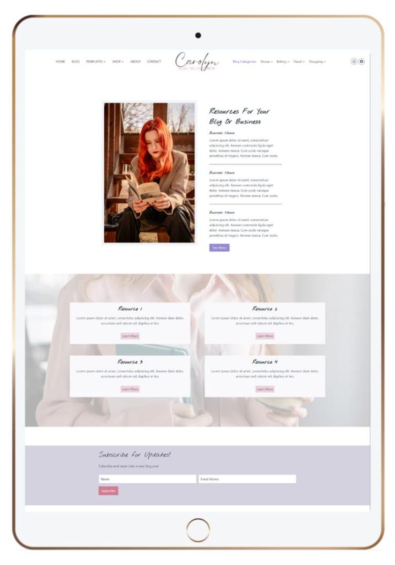 May include: A digital tablet displaying a website layout with a navigation bar, a header featuring the name Carolyn, and a blog section. The page includes a photograph of a person reading, text blocks labeled Resources, and a subscription form.