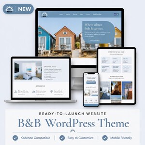 May include: A ready-to-launch B&B WordPress theme displayed on a desktop monitor, laptop, tablet, and smartphone. The screens show a website design for Alva, featuring beach house imagery, text, and layout options for a hospitality business.