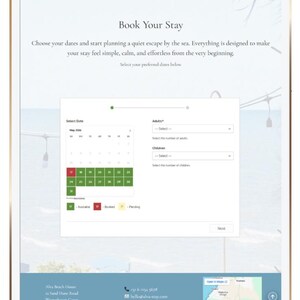 Puede incluir: Una tableta digital muestra una interfaz de sitio web para reservar una estancia. La pantalla muestra un calendario para la selecci&oacute;n de fechas, junto con opciones para adultos y ni&ntilde;os. El tema del sitio web es una escapada costera.