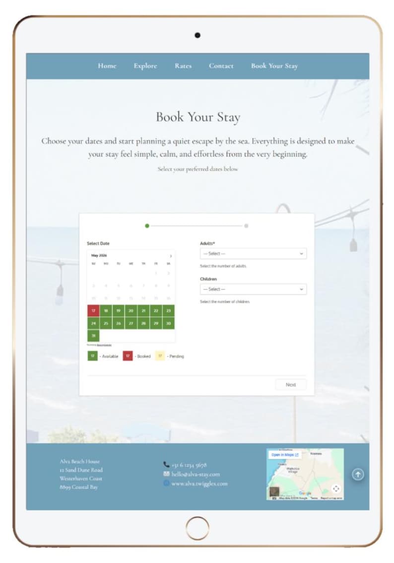 Puede incluir: Una tableta digital muestra una interfaz de sitio web para reservar una estancia. La pantalla muestra un calendario para la selecci&oacute;n de fechas, junto con opciones para adultos y ni&ntilde;os. El tema del sitio web es una escapada costera.