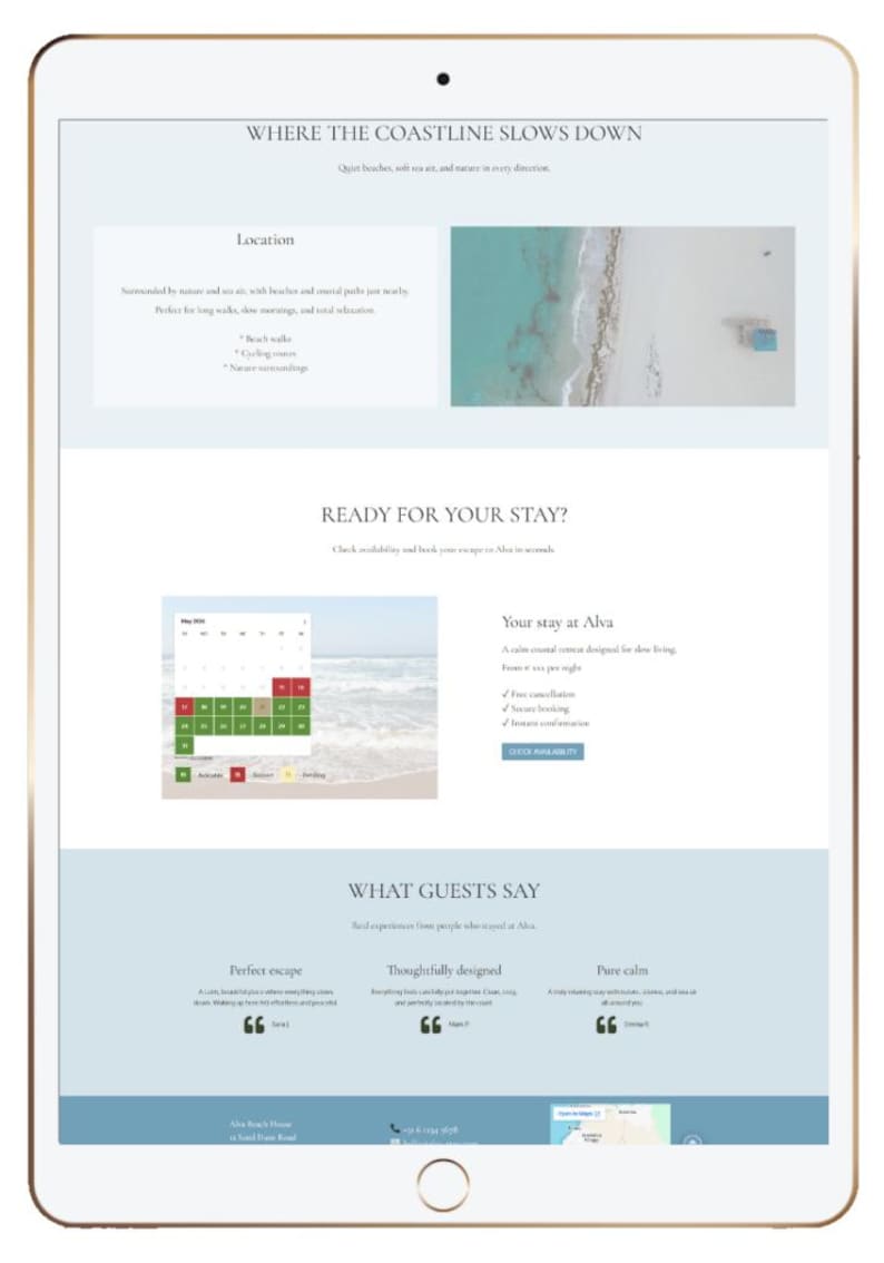 Puede incluir: Una tableta digital muestra un sitio web que promociona un retiro costero. La pantalla muestra texto sobre la ubicaci&oacute;n, las actividades y los testimonios de los hu&eacute;spedes. Tambi&eacute;n se ve un calendario y una escena de playa.