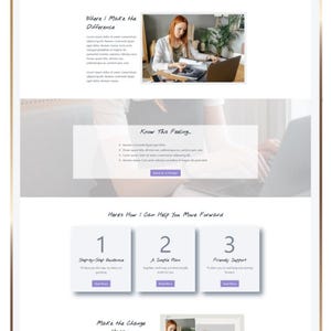 May include: A digital tablet displaying a website layout titled Carolyn. The page features sections titled Where I Make the Difference, Know This Feeling, and Heres How I Can Help You Move Forward, with numbered steps and placeholder text throughout.