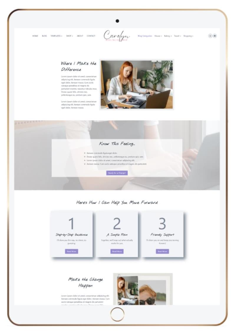 May include: A digital tablet displaying a website layout titled Carolyn. The page features sections titled Where I Make the Difference, Know This Feeling, and Heres How I Can Help You Move Forward, with numbered steps and placeholder text throughout.