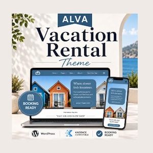 May include: A laptop and smartphone displaying the Alva Vacation Rental Theme website. The screen shows colorful coastal cabins, the text 'Where slower feels luxurious', and 'SALT AIR AND SLOW DAYS'. Includes WordPress and Kadence Compatible logos.