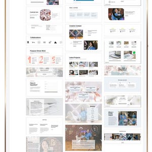 May include: A digital tablet displaying a website layout with various sections. The website includes sections labeled "Blossom," "Collaborations," "Purpose-Driven Work," and "Creative Content." The design incorporates images and text.