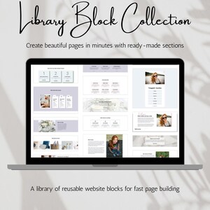 May include: A laptop screen displaying a Library Block Collection with various website layout templates. The screen shows multiple sections including numbered lists, image galleries, and text blocks. The text Library Block Collection and A library of reusable website blocks for fast page building are visible.