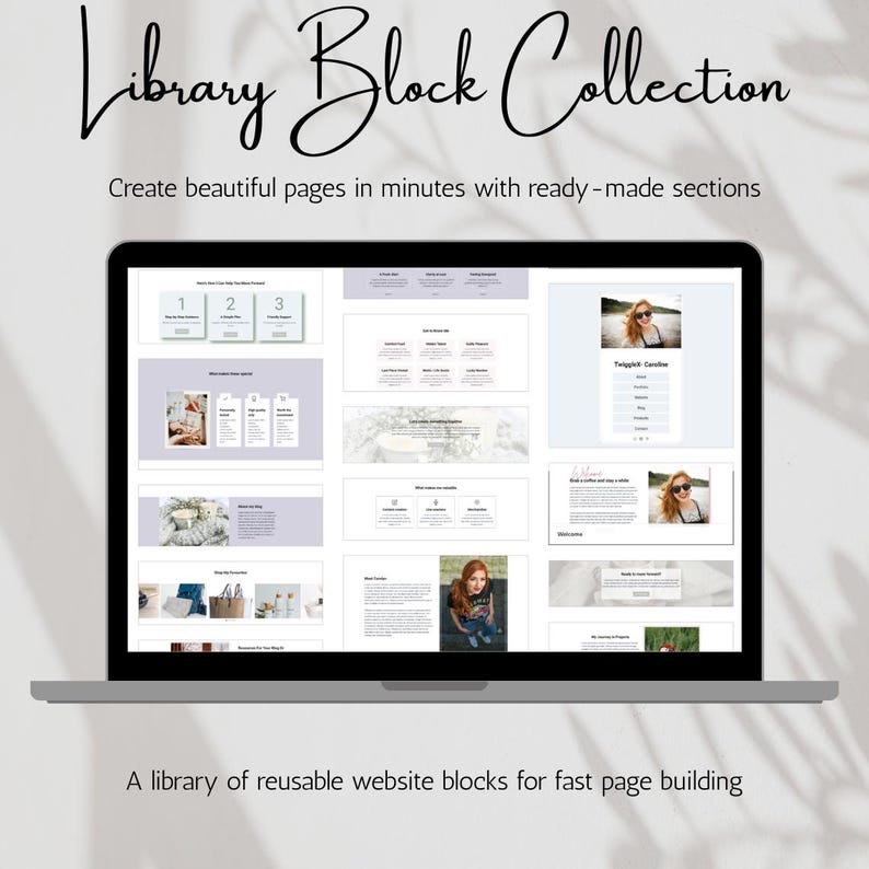May include: A laptop screen displaying a Library Block Collection with various website layout templates. The screen shows multiple sections including numbered lists, image galleries, and text blocks. The text Library Block Collection and A library of reusable website blocks for fast page building are visible.