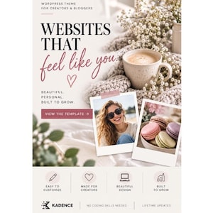 Può includere: Una pubblicità di un tema WordPress per creatori e blogger con il testo Websites That feel like you. L'immagine include una tazza di caffè, due foto in stile polaroid di una persona e di macaron, e icone per personalizzazione e crescita.