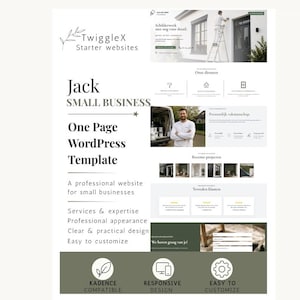 Op de afbeelding: Een digitale weergave van de TwiggleX Jack Small Business WordPress-template van één pagina. De lay-out bevat een hero-sectie met een schilder op een ladder, service-iconen, een projectgalerij, klantbeoordelingen en een contactformulier.