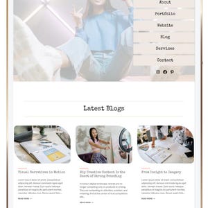 May include: A digital tablet displays a website interface with the name "Blossom" at the top. The site features navigation links and blog previews. A person is visible in the background.