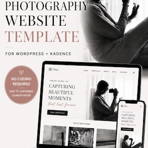 May include: A digital photography website template for WordPress and Kadence, displayed on a laptop and smartphone screen. The design features a minimalist layout with the text Noa, Timeless. Natural. You., and Capturing Beautiful Moments that last forever.