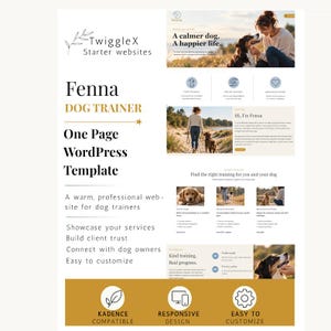 May include: A digital product display for the TwiggleX Fenna Dog Trainer one-page WordPress template. The layout features text, website mockups with dog training imagery, and three icons representing Kadence compatibility, responsive design, and customisation.
