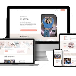 May include: A digital marketing website design displayed on a desktop computer, laptop, tablet, and smartphone. The website features a woman in a blue top and jeans, with the word "Blossom" at the top of the screen.