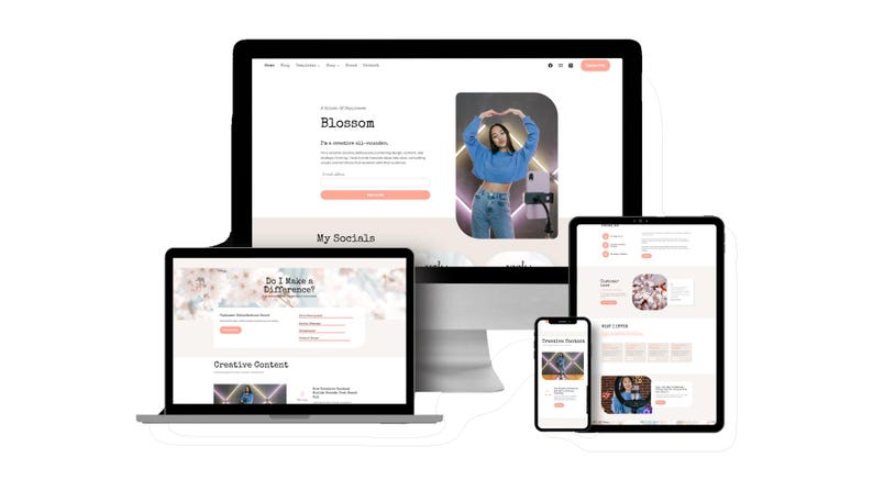 May include: A digital marketing website design displayed on a desktop computer, laptop, tablet, and smartphone. The website features a woman in a blue top and jeans, with the word "Blossom" at the top of the screen.