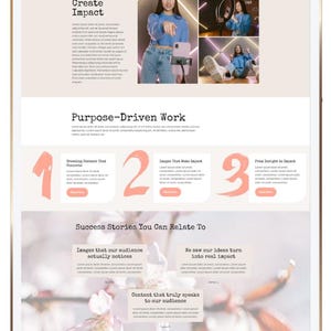May include: A digital tablet displaying a website layout with text and images. The website's theme is light pink and white, with sections titled "Where I Create Impact" and "Purpose-Driven Work." Images of a person are featured.