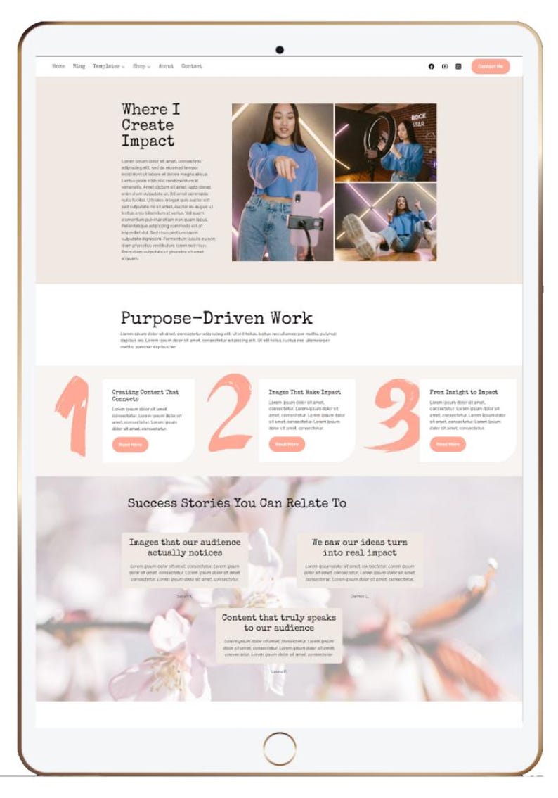 May include: A digital tablet displaying a website layout with text and images. The website's theme is light pink and white, with sections titled "Where I Create Impact" and "Purpose-Driven Work." Images of a person are featured.