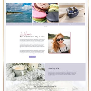 May include: A digital tablet displaying a website interface titled Carolyn. The layout features a navigation bar, a hero slider with images of a beach, macarons, and earbuds, a welcome section with text, a portrait, and blog content blocks.