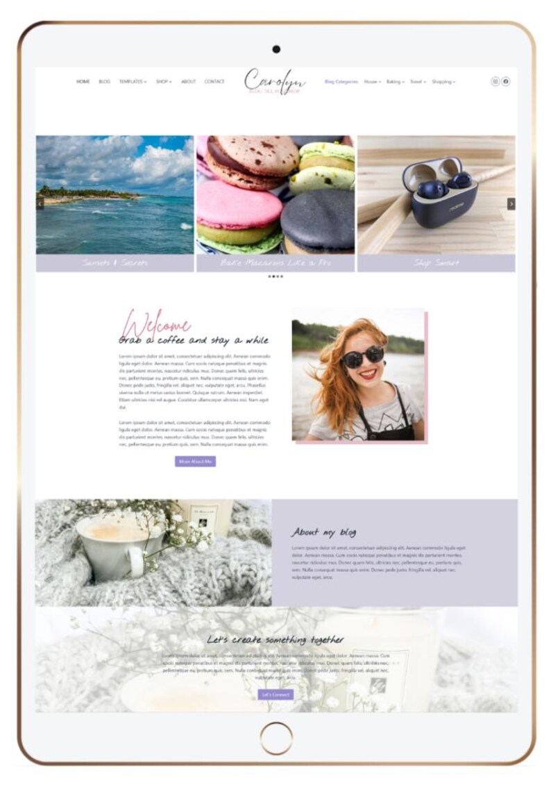 May include: A digital tablet displaying a website interface titled Carolyn. The layout features a navigation bar, a hero slider with images of a beach, macarons, and earbuds, a welcome section with text, a portrait, and blog content blocks.
