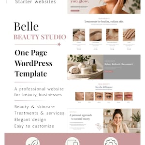 Op de afbeelding: Een digitale marketingweergave voor een Belle Beauty Studio WordPress-sjabloon van één pagina door TwiggleX. De lay-out bevat tekst, website-mockups en iconen voor Kadence-compatibiliteit, responsief ontwerp en aanpasbaarheid in een zacht kleurenpalet.