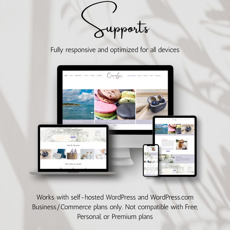 May include: A digital display showing a website design on a desktop monitor, a laptop, a tablet, and a smartphone. The text reads Supports, Fully responsive and optimized for all devices, and Works with self-hosted WordPress and WordPress.com plans.