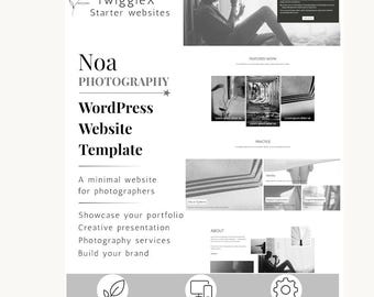 Puede incluir: Una plantilla de sitio web WordPress en blanco y negro para fotógrafos titulada Noa Photography de TwiggleX. El diseño incluye una imagen principal, secciones de trabajos destacados y una sección sobre nosotros. Los iconos indican compatibilidad con Kadence, diseño responsivo y facilidad de personalización.