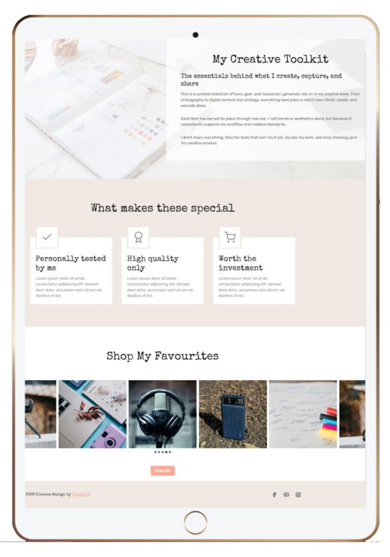 May include: A digital tablet displaying a webpage titled "My Creative Toolkit." The page features text about tools and resources for creating content, along with product images and the phrase "Shop My Favourites."