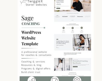 Puede incluir: Un gráfico de marketing digital para sitios web TwiggleX Starter que presenta la plantilla de sitio web de WordPress Sage Coaching. El diseño muestra varias vistas previas de páginas web, encabezados de texto y tres iconos para Kadence, diseño responsivo y personalización.