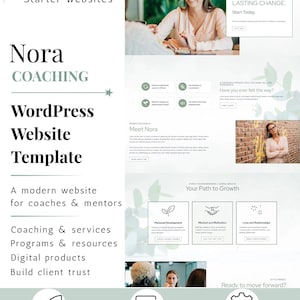 Könnte beinhalten: Eine WordPress-Website-Vorlage für Coaches und Mentoren mit dem Titel Nora Coaching von TwiggleX. Das Layout bietet eine helle Farbpalette mit salbeigrünen Akzenten, professionelle Fotos sowie Bereiche für Dienstleistungen, Programme und Ressourcen.