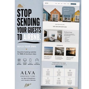 May include: A digital marketing graphic for Alva, a WordPress theme for bed and breakfasts and vacation rentals. The text reads: Stop sending your guests to Airbnb. Build your own. Beautiful booking website for B&Bs and boutique stays.