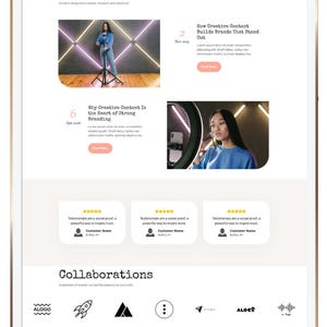 May include: A digital tablet displays a website layout with the headline "Creative Content." The design includes images, text, and logos, showcasing branding and collaboration elements. The tablet has a gold frame.