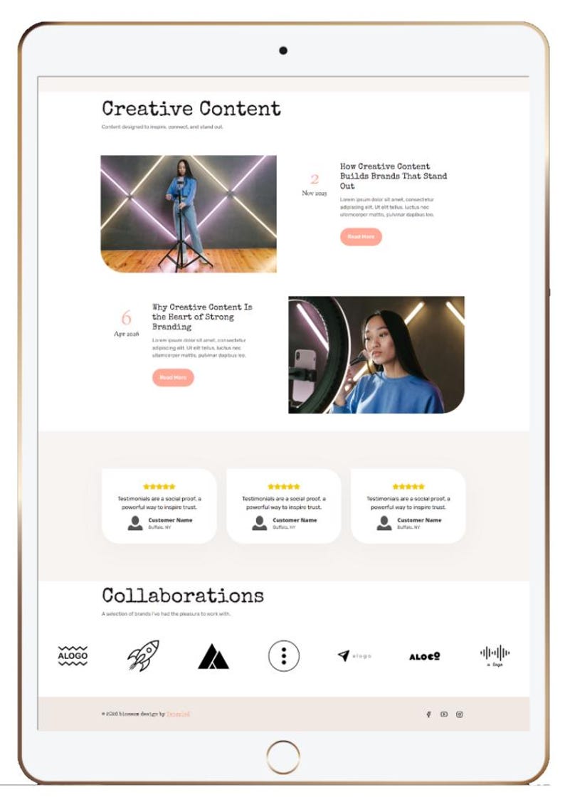 May include: A digital tablet displays a website layout with the headline "Creative Content." The design includes images, text, and logos, showcasing branding and collaboration elements. The tablet has a gold frame.
