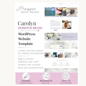 Op de afbeelding: Een digitale weergave van een WordPress-websitetemplate genaamd Carolyn Personal Brand door TwiggleX Starter Websites. De lay-out bevat een koptekst, afbeeldingsgalerijen, tekstsecties en een voettekst met iconen voor Kadence-compatibiliteit, responsief ontwerp en aanpassingsopties.