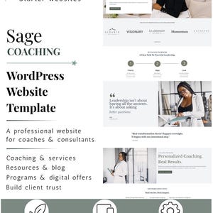 May include: A digital WordPress website template for coaches and consultants titled Sage Coaching by TwiggleX. The layout features sections for leadership programmes, coaching frameworks, client testimonials, and blog resources with a clean, professional aesthetic.