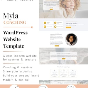 Op de afbeelding: Een WordPress website template getiteld Myla Coaching door TwiggleX Starter Websites. De lay-out heeft een witte achtergrond met zachte perzikkleurige accenten, met een hero-sectie met een foto, service-iconen en tekstblokken voor coaching.