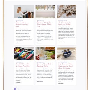 May include: A digital tablet screen displaying a website layout titled Carolyn. The page features a navigation menu, a logo, and a grid of six blog post previews, each containing an image, a title in script font, placeholder text, and a read more link.