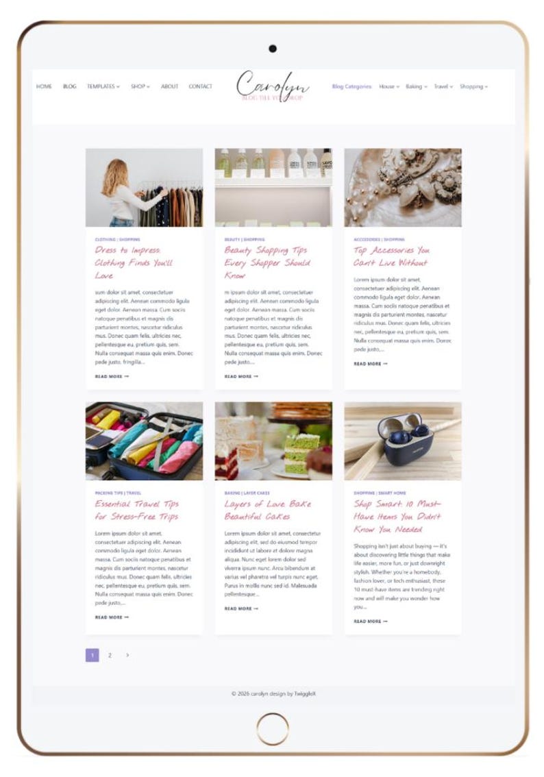 May include: A digital tablet screen displaying a website layout titled Carolyn. The page features a navigation menu, a logo, and a grid of six blog post previews, each containing an image, a title in script font, placeholder text, and a read more link.