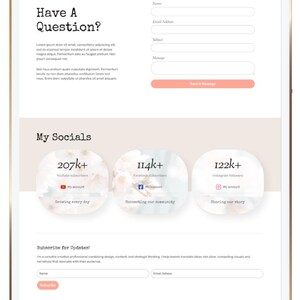 May include: A website design displayed on a tablet. The page features a contact form, social media follower counts, and a subscription form. The design uses a soft color palette with a clean, modern aesthetic.
