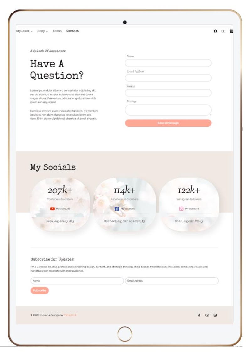 May include: A website design displayed on a tablet. The page features a contact form, social media follower counts, and a subscription form. The design uses a soft color palette with a clean, modern aesthetic.