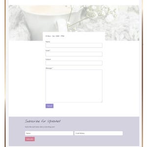May include: A tablet screen displaying a website interface for Carolyn. The page features a contact form with fields for name, email, subject, and message, a subscription section for updates, and a navigation menu with links to blog, templates, and shop.