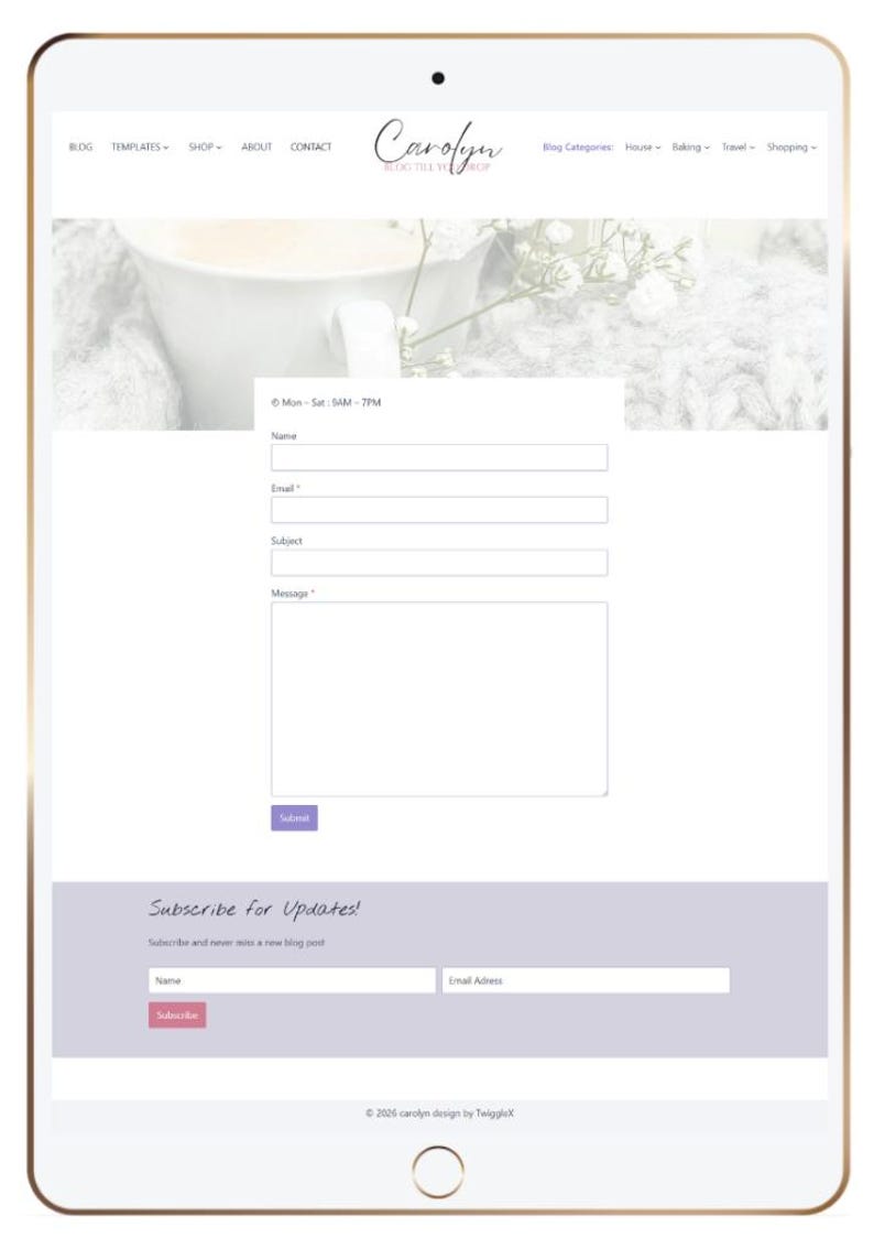 May include: A tablet screen displaying a website interface for Carolyn. The page features a contact form with fields for name, email, subject, and message, a subscription section for updates, and a navigation menu with links to blog, templates, and shop.